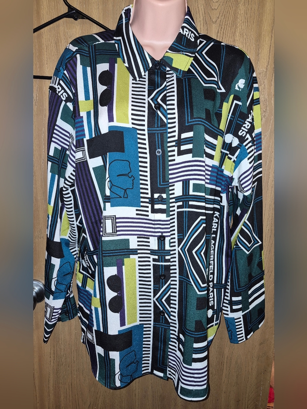 Karl Lagerfeld Paris Abstract Blouse Geometric Logo Button Shirt L Colorful